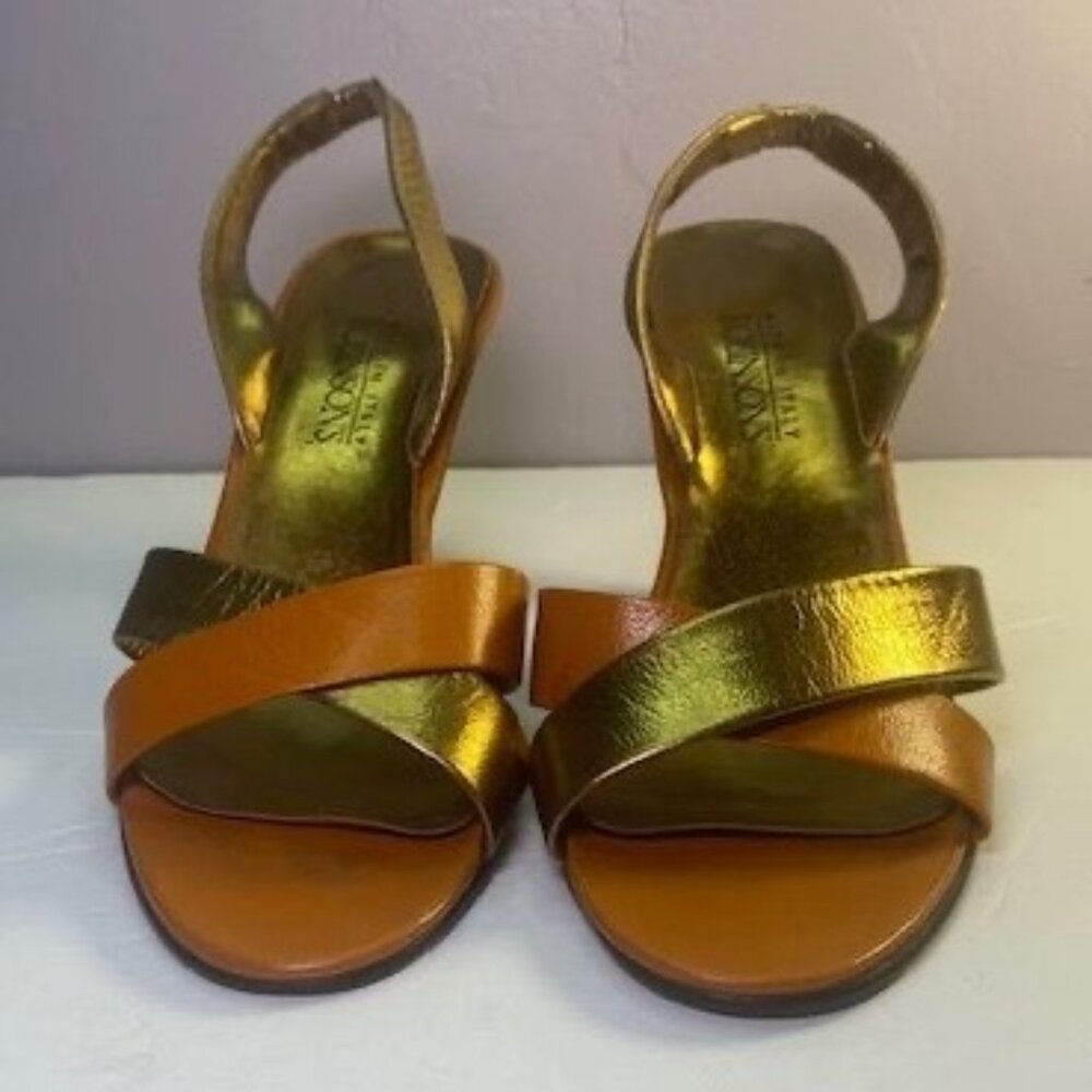Robinsons Women's Heels - Gold & Orange Brown Strappy Sandals Size 5.5  3-Inch H